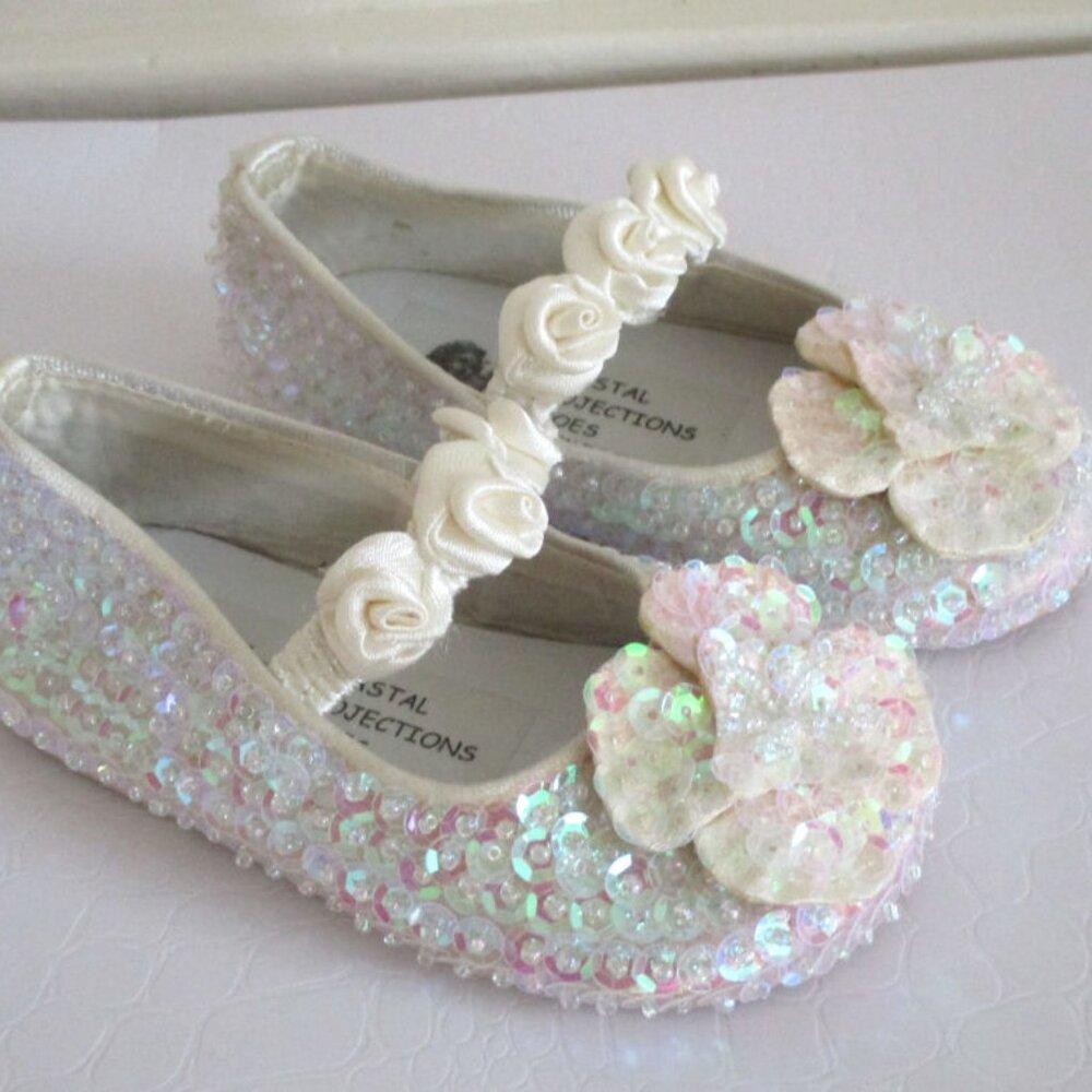 Ivory Sequin Girls Flats Shoes Dance Recital Dress-Up Easter 0 4Inf 6 4 5 NEW